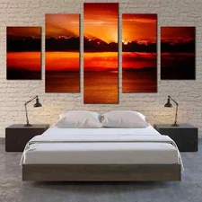 Dramatic Sky Red Sunset Over Ocean Clouds Sea 5 Piece Panel Canvas Wall Art