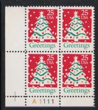 ALLY'S STAMPS US Plate Block Scott #2515 25c Christmas Tree [4] MNH [STK]