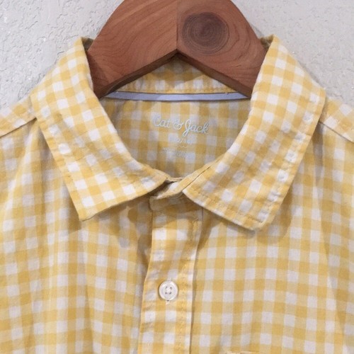 Cat & Jack Boys Sz 12/14 Shirt Yellow Gingham Button Up Short Sleeve 100% Cotton - Picture 2 of 11