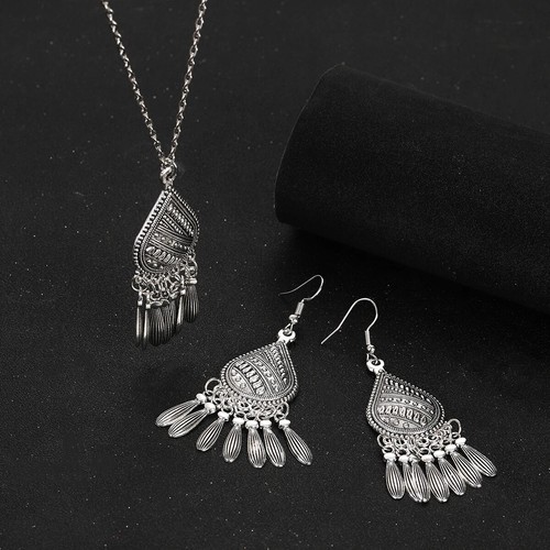 Retro Tibetan Silver Color Necklace Earring Set for Women Bijoux Indian Jewelry - Picture 3 of 6