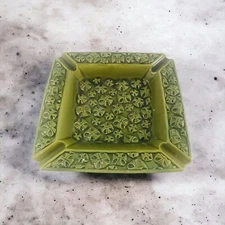 Wales Ashtray Ceramic Japan Vintage Olive Green Mid Century Modern Embossed