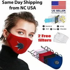 Reusable Washable Cotton Cloth Face Mask with Valve / Pocket + 2 PM2.5 Filters 