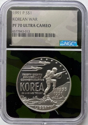 1991-P Proof Korean War Silver Dollar NGC PF-70 UCAM Camo Holder