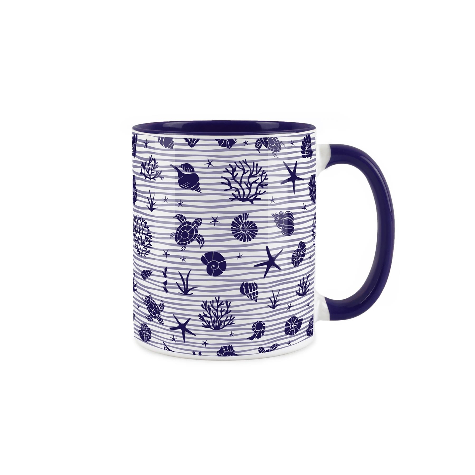 Seashells Mug - Dark Blue Coastal Stripes Nautical Ceramic Hot Drinks Gift Cup