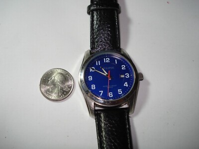 RARE VINTAGE LARGE ECLIPSE MEN'S BLUE DRESS WATCH DATE NEW BATTERY