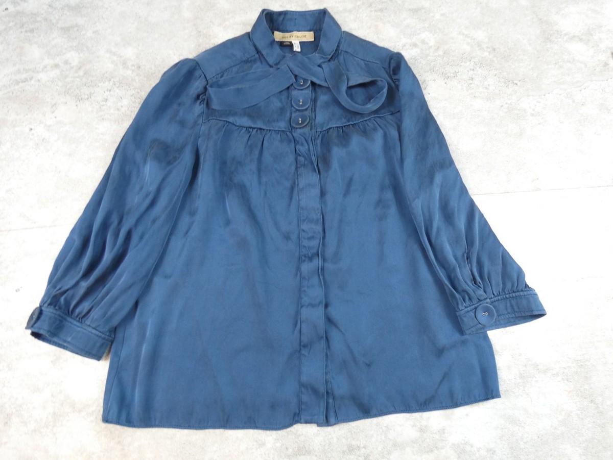 Sea By Chloe Shirt Women 4 Blue Sueded Silk Poet Blouse View 2