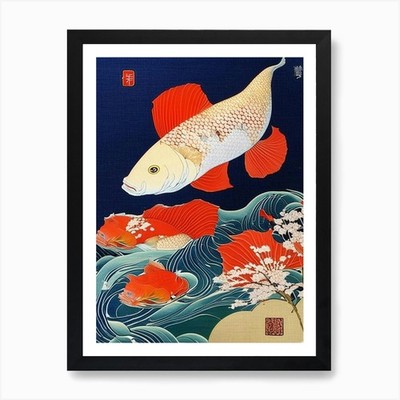 Ogon Koi Fisch Ukiyo E Stil Japaner gerahmtes Wandbild Poster Leinwanddruck Bild