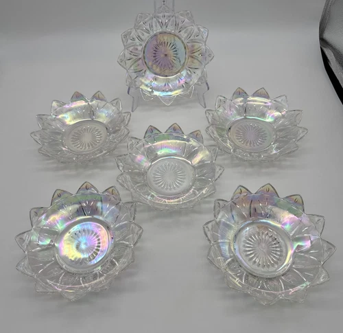 6 Vintage c.1960s Petal Clear Iridescent Federal Glass Bowl Trinket Dish 5.5"