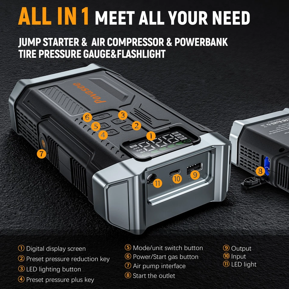 5000A Car Jump Starter with Air compressor Booster Jumper Power Bank Car Battery - Image 3 of 4