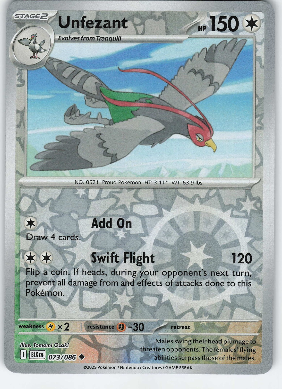 Unfezant 073/086 Uncommon Reverse Holo SV: Black Bolt NM Pokémon