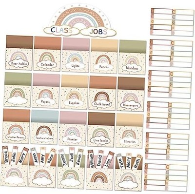 81 Piece Class Jobs Bulletin Board Themed Classroom Jobs Pocket Boho Rainbow
