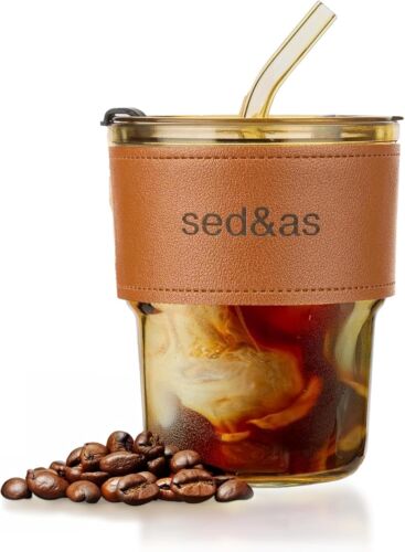 15 OZ CLEAR REUSABLE ICED COFFEE CUP WITH LID & STRAW, CUTE GLASS TRAVEL MUG