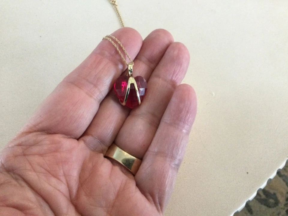 Vintage Lab Ruby Heart 10k Gold Pendant & 14k Gold Necklace w/Zircon Ribbon - Image 4 of 4