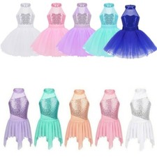 Kids Girls Modern Lyrical Ballroom Dance Dress Mesh Splice Ballet Leotard Skirts