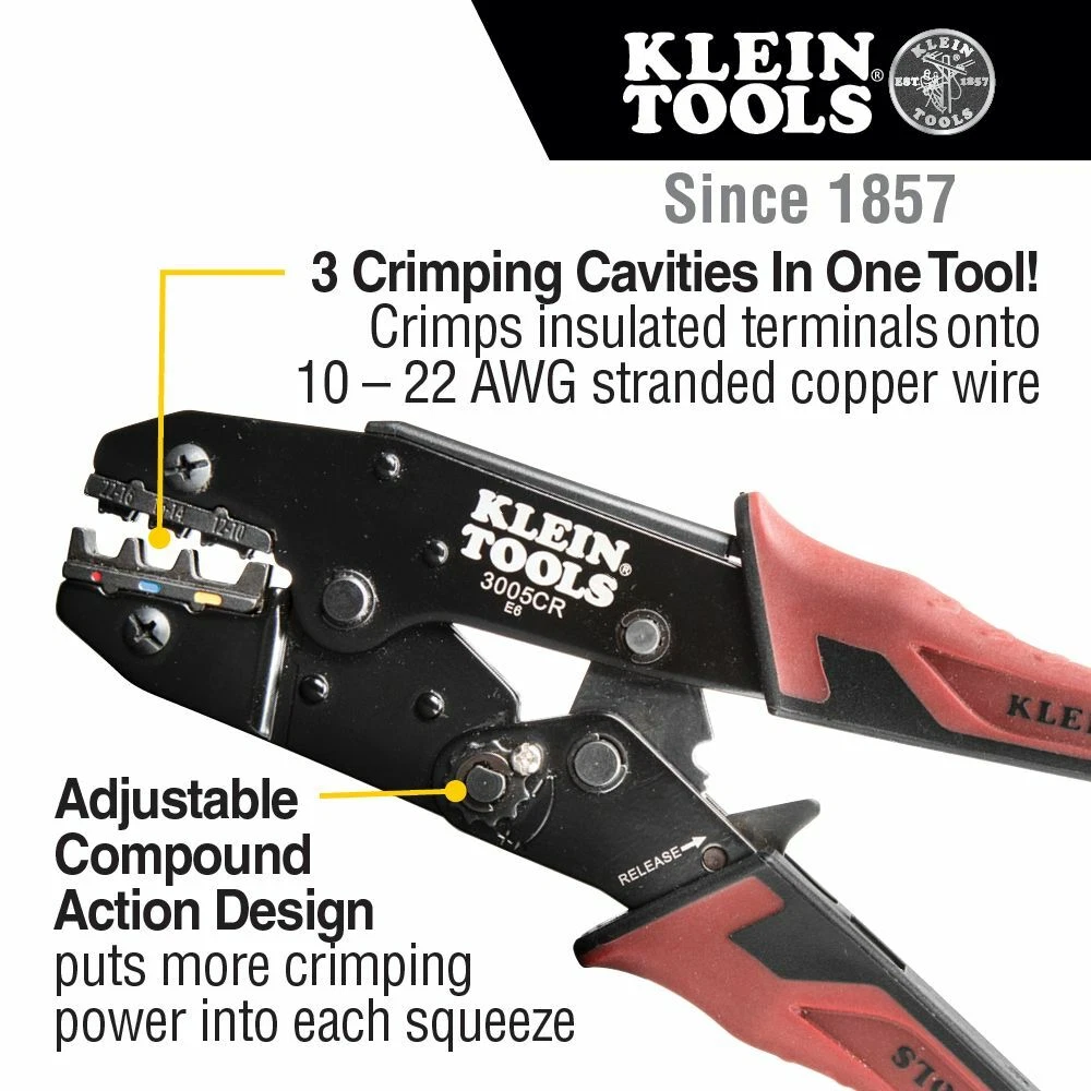Klein 3005CR Ratcheting Crimper 10 22 AWG Insulated Terminals