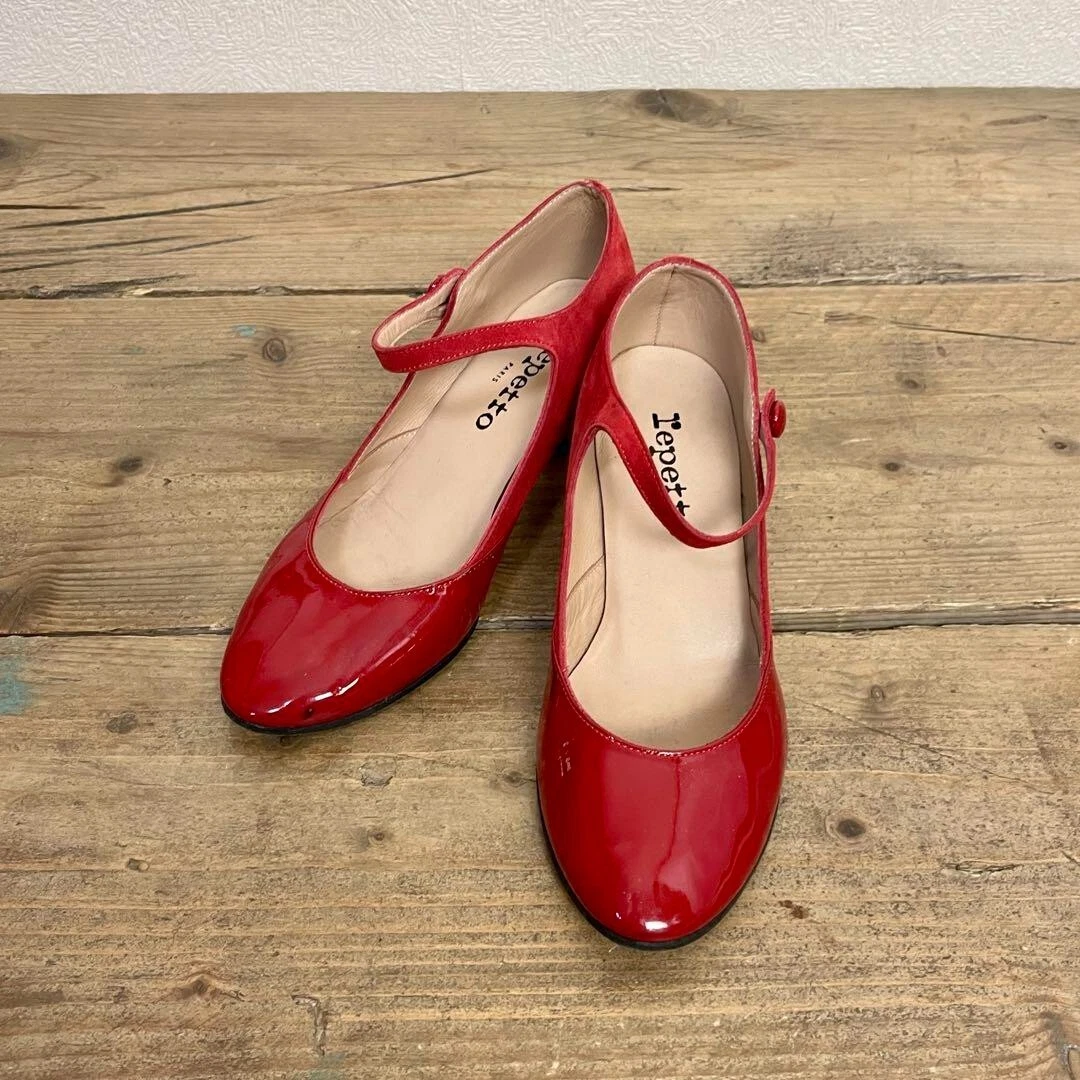Repetto Strap Round Toe Pumps Patent Suede Red 4cm Heels Size 36 No Box