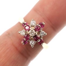 14k Solid Yellow Gold Natural Ruby and Diamond Cluster Ring Size 8.75