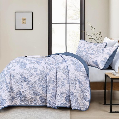 WONGS Queen 3-Pc Botanical Quilt Set-Toile Floral Microfiber Coverlet All Season - Picture 47 of 103