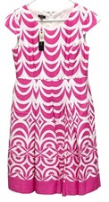 Talbots Pink & White Cap Sleeve Dress Geometric Pockets Pleated Womens Size 6