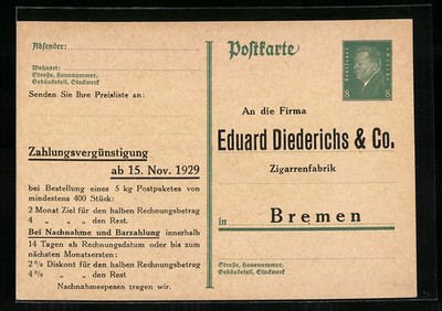 AK Bremen, cigar factory Eduard Diederichs & Co., payment discount, whole 