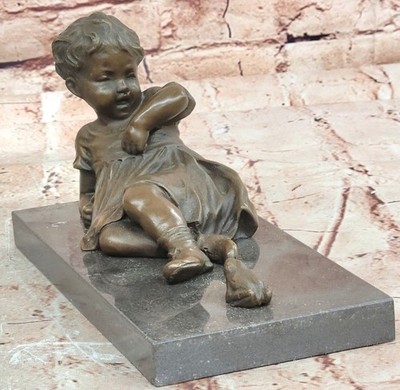 Signed Juno Girl with Frog Bronze Statue Museum Quality Home Decor Figurine Gift