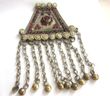 Vintage Afghan Kuchi Tribal pendant in brass with glass beads and bell charms