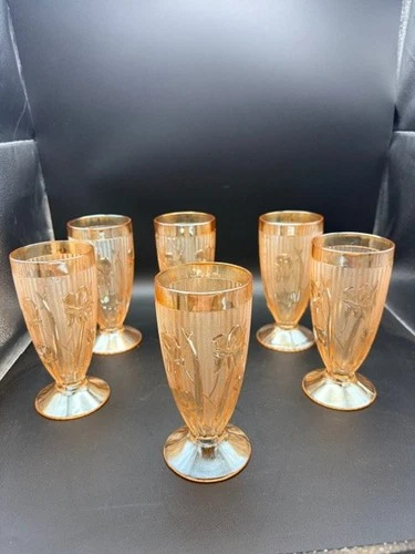 6 Jeanette Iris & Herringbone Marigold Iridescent Carnival Glass Footed Tumblers