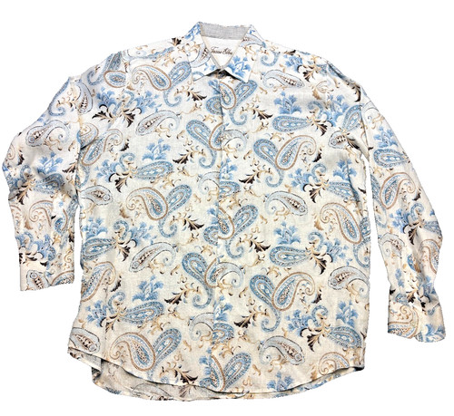 TASSO ELBA Casual Button LINEN Sport Shirt Men's XL X-LARGE Cream Blue Paisley