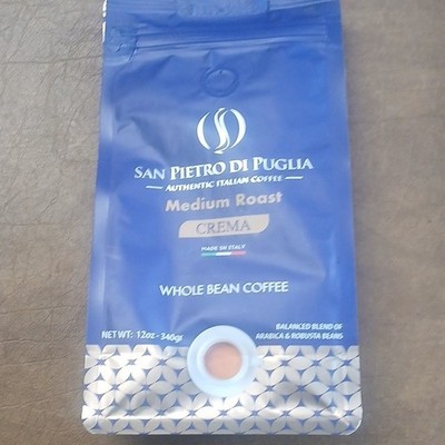 San Pietro di Puglia Medium Roast Crema Whole Bean Coffee Puglia Italy 12oz 340g