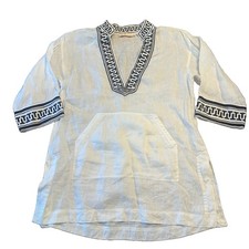 Tory Burch White 100% Linen Embroidered ¾ Sleeve Tunic/Dress Sides Slit SZ S