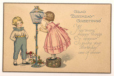Birthday Postcard Children Birdcage Series 1089B Made in USA Unused
