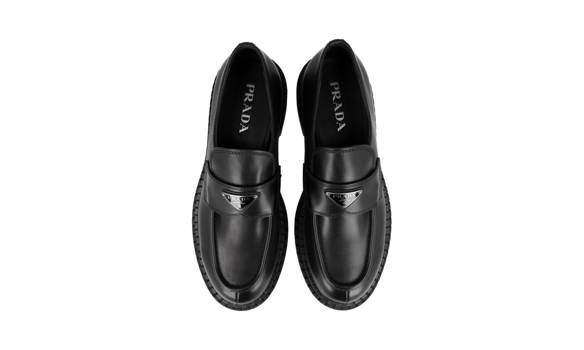 PRADA Leather Double Chocolate Loafer Shoes - 2DE148 - Black - NEW