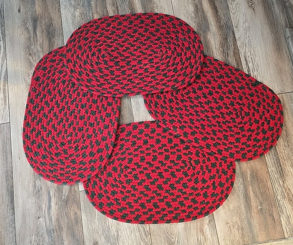 VTG Handmade Braided Placemats Set of 4 Wool Red Green Oval Holiday ...