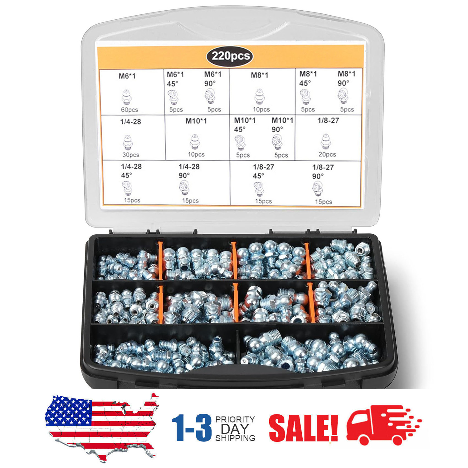220 Pack Metric & SAE Hydraulic Lubrication Grease Zerk Fittings Assortment Set