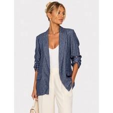 Zara Blue Linen Blend Open Front Ruched 3/4 Sleeve Blazer M NWOT New