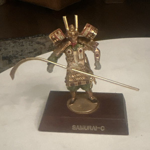 Painted Metal Samurai Warrior Figurine on Wooden Base, broken. Needs repair