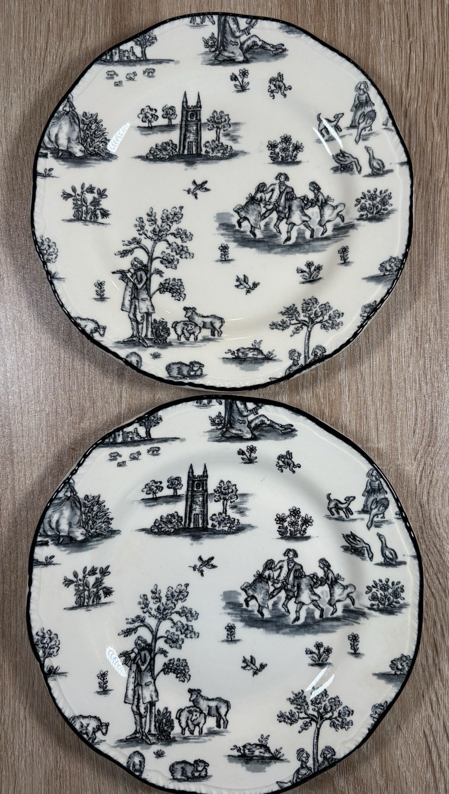 Wood & Sons English Scenery Plate Set of 2 Black White Toile Made in England 10”