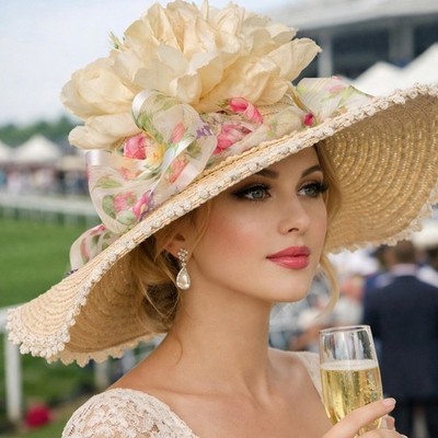 Garden Party Derby Hat   Wide Brim Straw with Ivory Peony and Floral Ribbon