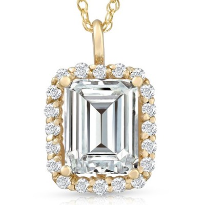 VS 3,50 kt Smaragd Moissanit & im Labor gezüchteter Diamant Heiligenschein Anhänger 14k Gold Halskette