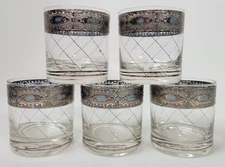 5 Vtg Culver Silver Lattice Sorrento Low Ball Double Old Fashion Rocks Glasses