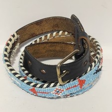 Vintage Handmade Small 30" Genuine Leather Native Thunderbird Beaded Skinny Belt