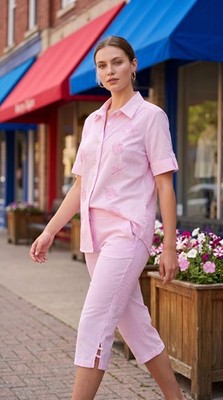 VTG Women s Bon Worth 2 Piece Pink Seersucker Capri L Grannycore Cottagecore 
