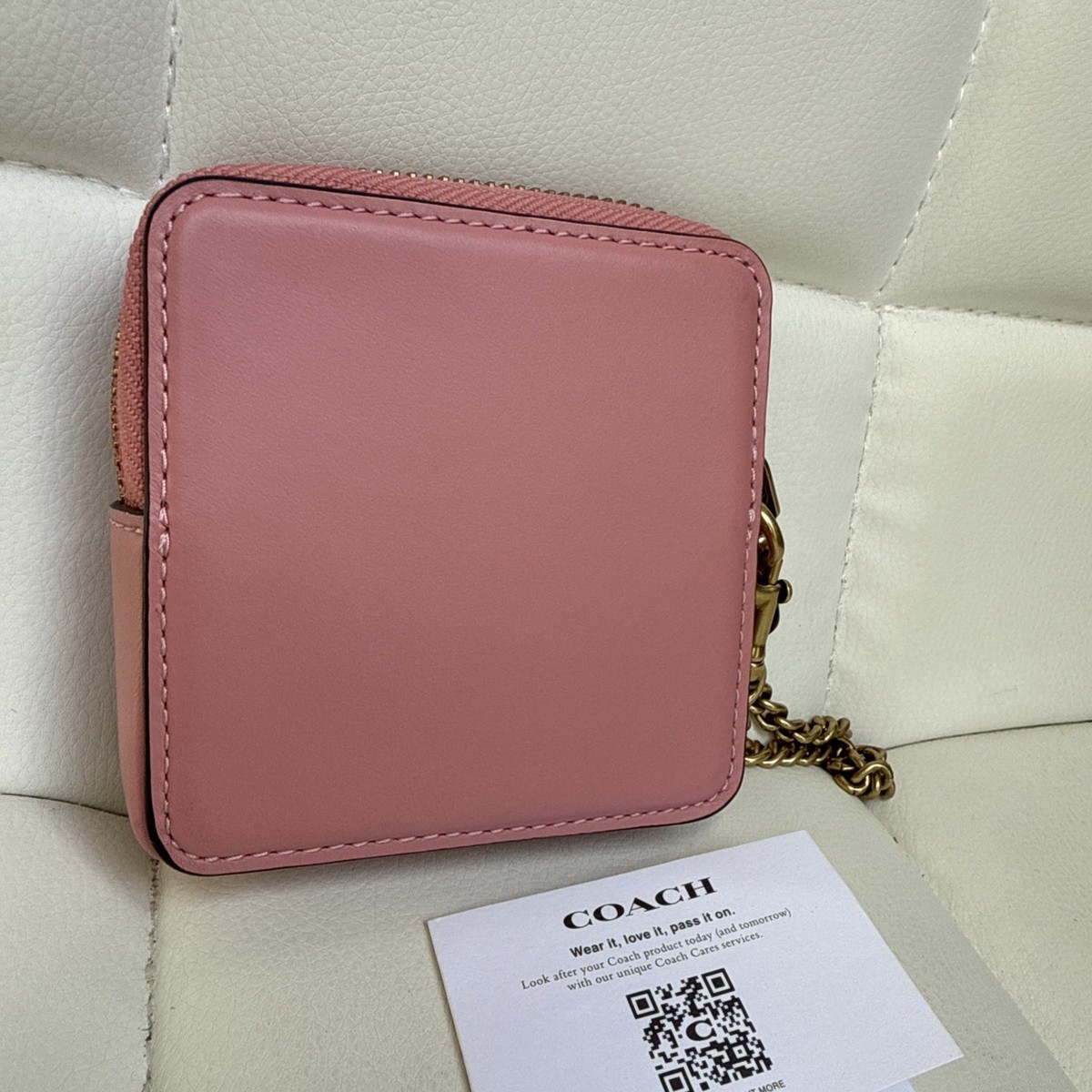 Coach Bubble Gum Pink Leather Small Coin Case Chain Wristlet 