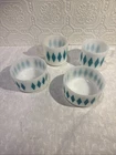 (4) VTG Fire King Harlequin Turquoise Milk Glass Cereal Bowl + Mug Set Diamond