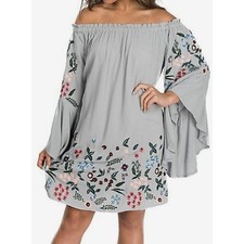 UMGE USA Embroidered Off Shoulder Bell Sleeve Dress Gray Size S