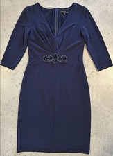 CLASSIC Navy DAVID MEISTER Fitted Rayon Stretch Beaded Midi COCKTAIL DRESS~S/4