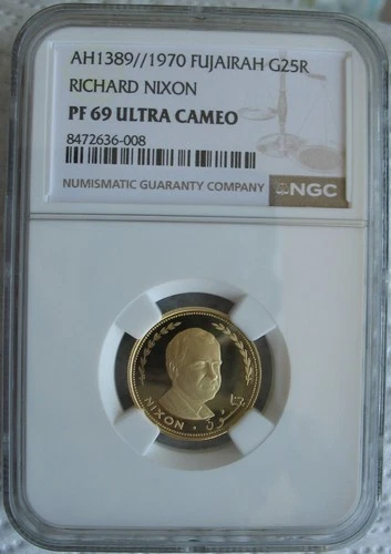 Fujairah 1970 Gold 25 Riyals NGC PF-69 Ult.Cameo Richard Nixon