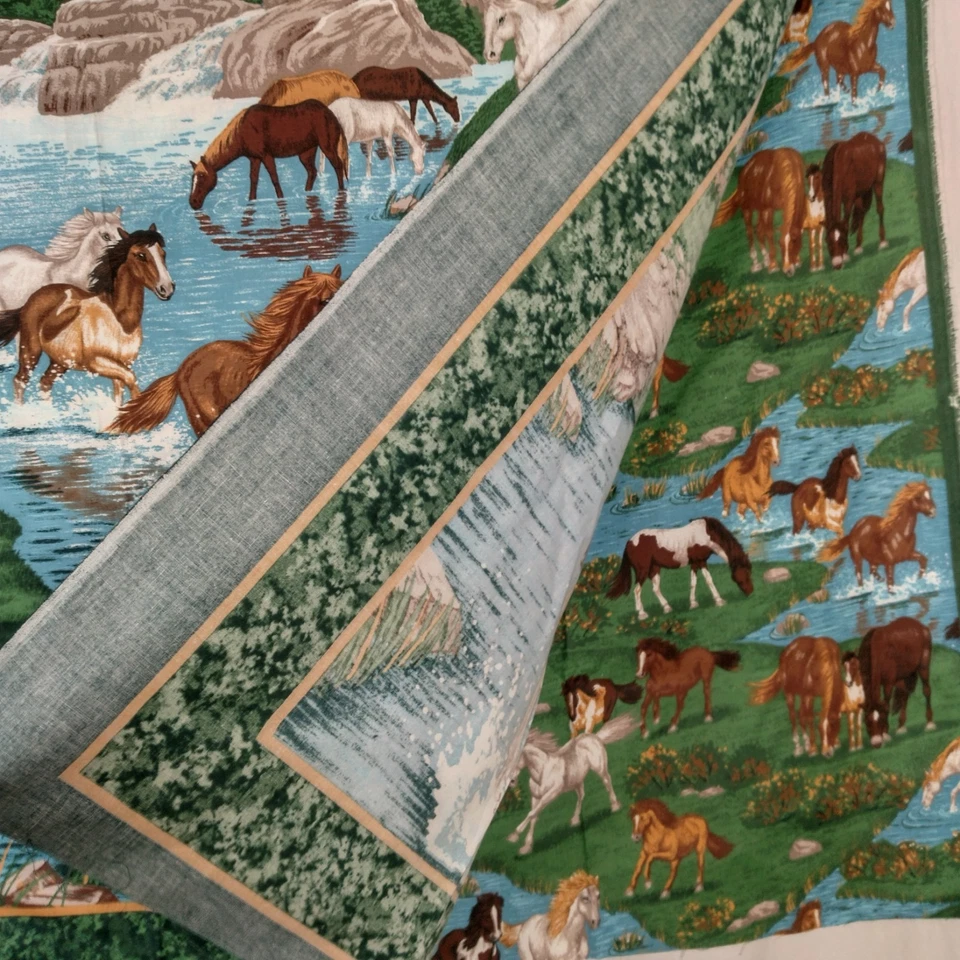 Material de costura de tela de resortes panel de caballo y caballos azul verde equino 33x46" Foto 3 de 4