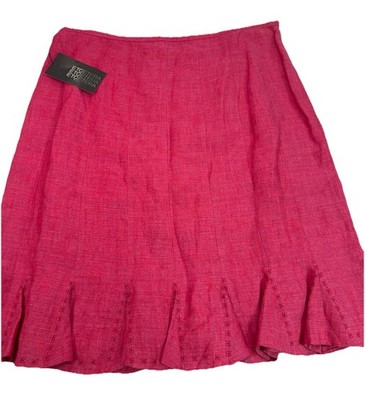 Etcetera Womens 10 Linen Skirt Pink Shocking Embroidered Hem Flared Lined NWT