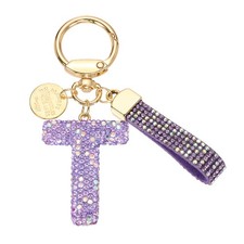 Initial Letter Keychain, Gift Bling Letter-T Key Chain for Women, Purple